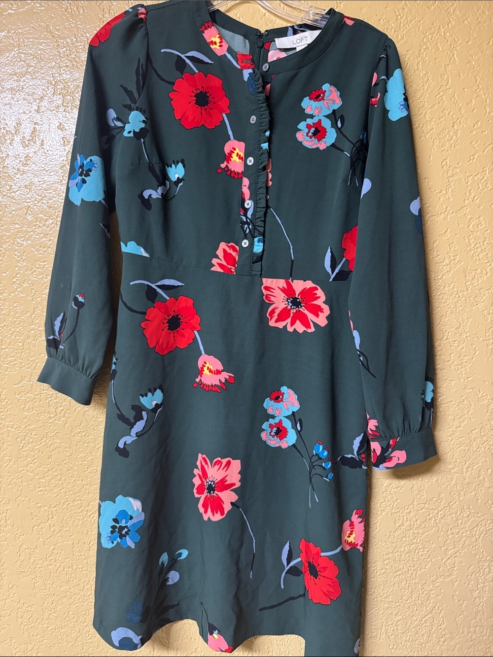 LOFT Dark Green Long Sleeve Floral Button-Front Dress